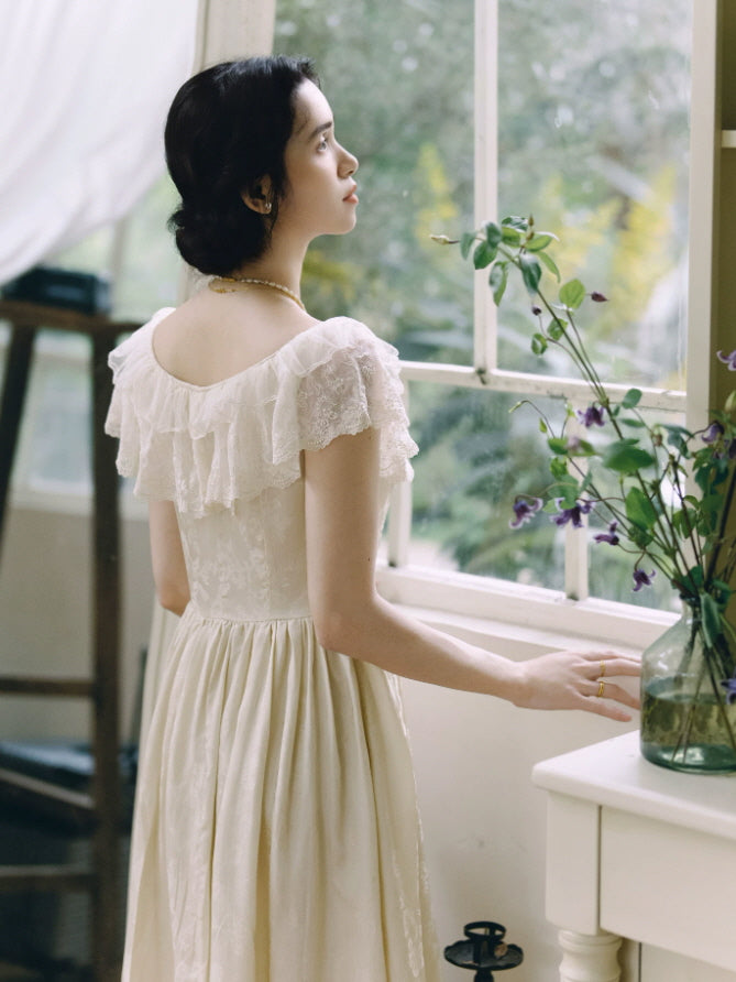Ivory Rose Lace Vintage Maxi Dress