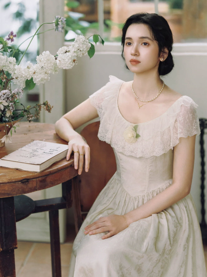 Ivory Rose Lace Vintage Maxi Dress