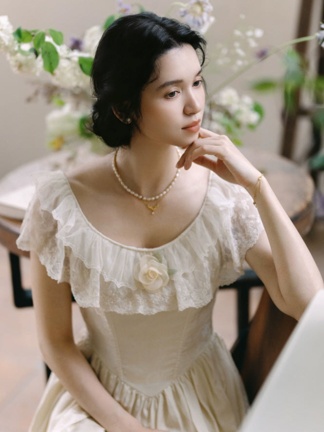 Ivory Rose Lace Vintage Maxi Dress