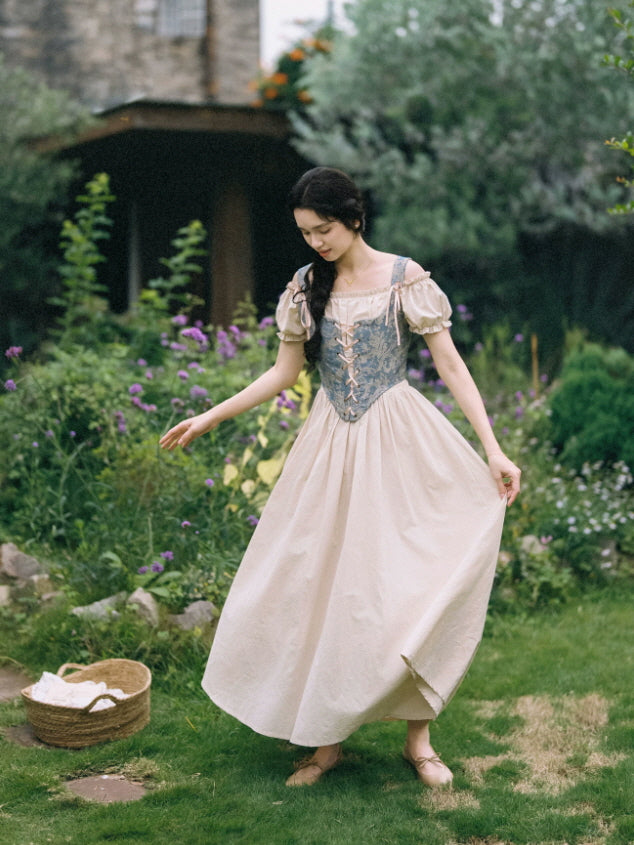 Blue fairycore corset dress with ribbon shoulder ties, gathered beige skirt and soft feminine countryside styling