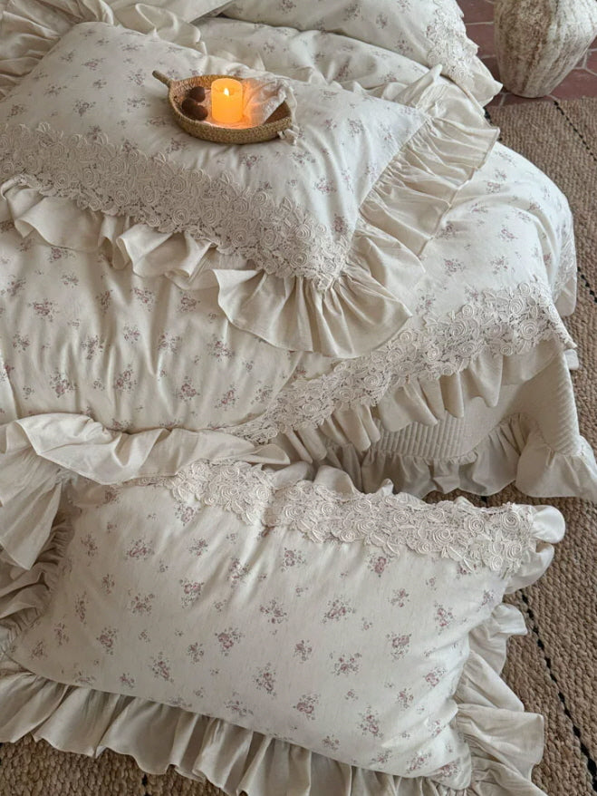 Ivory Rose Garden Lace Ruffle Bedding Set