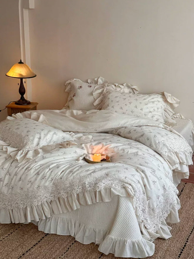 Ivory Rose Garden Lace Ruffle Bedding Set