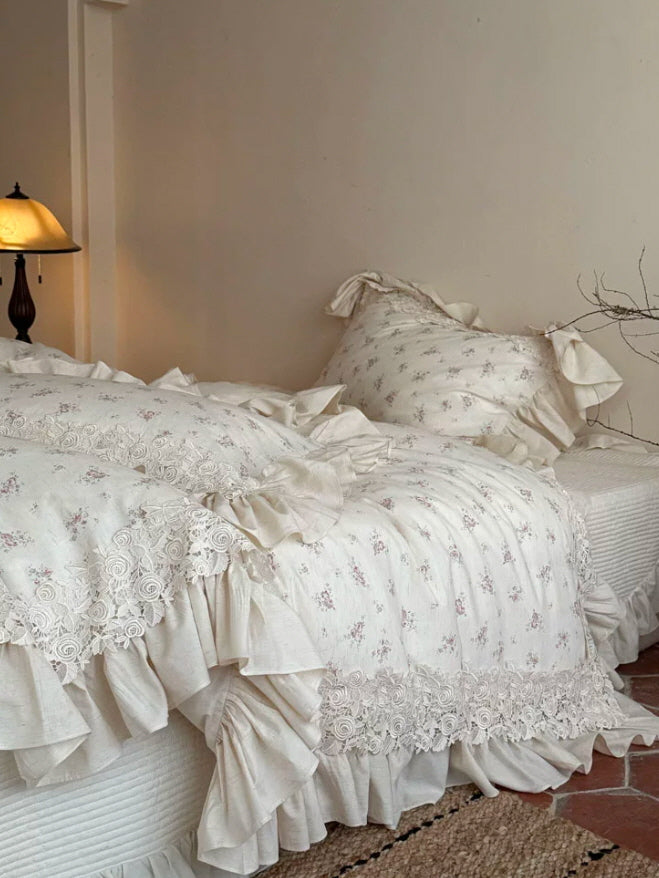 Ivory Rose Garden Lace Ruffle Bedding Set
