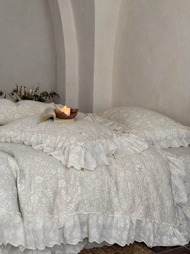 Elegant cream floral bedding with textured embroidery and romantic princesscore ruffle details