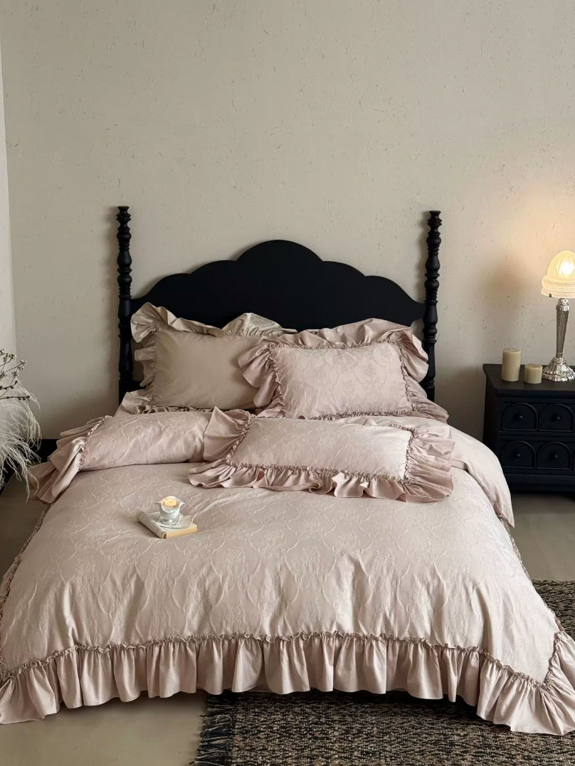Dusty Rose Floral Ruffle Cotton Bedding Set