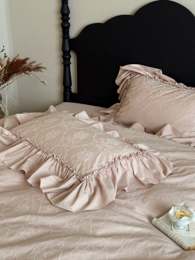 Dusty Rose Floral Ruffle Cotton Bedding Set
