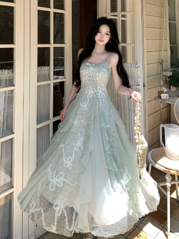 Mint Fairy Bow Lace Tulle Maxi Dress