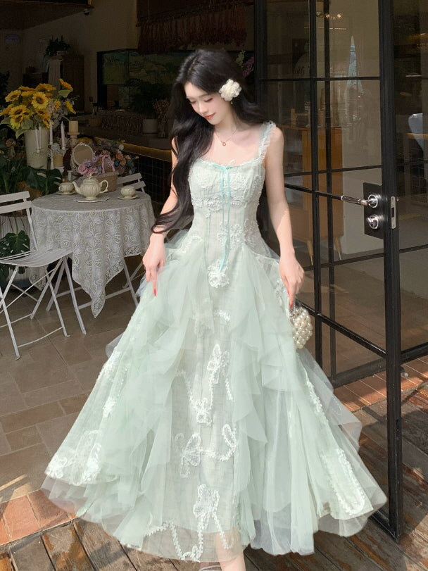 Mint Fairy Bow Lace Tulle Maxi Dress