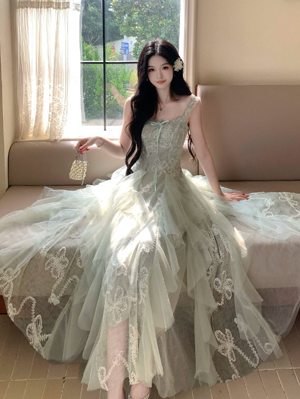 Mint Fairy Bow Lace Tulle Maxi Dress