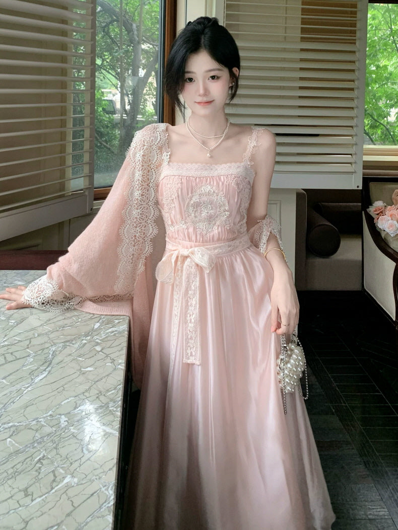 Romantic blush pink satin maxi dress with lace straps, ribbon waist and elegant princesscore style