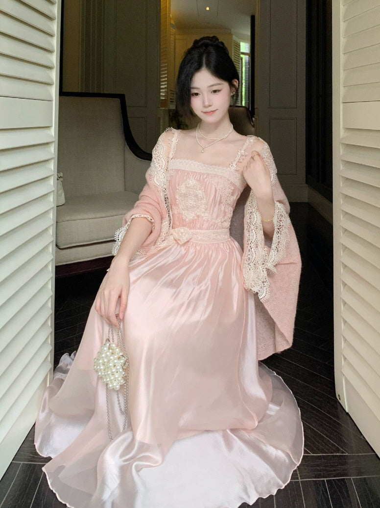 Blush pink princesscore maxi dress with ivory lace trim, fitted bodice and dreamy flowing skirt