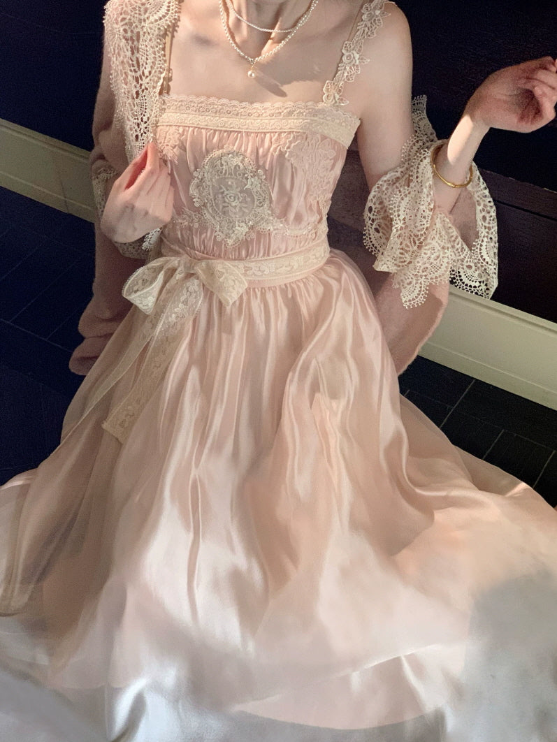 Dreamy pink satin lace maxi dress with embroidered corset-style bodice and feminine princesscore aesthetic