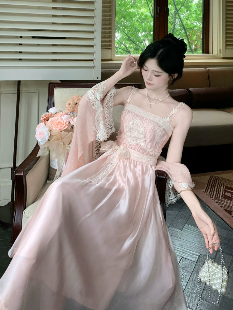 Romantic fairycore pink satin dress with lace details, ribbon waist and elegant vintage inspired silhouette