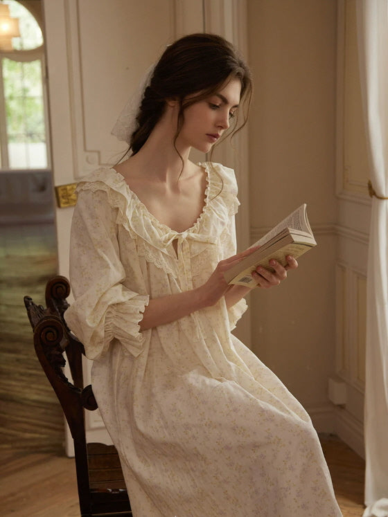 Vintage inspired floral loungewear dress with lace neckline, long sleeves and soft romantic cottagecore aesthetic