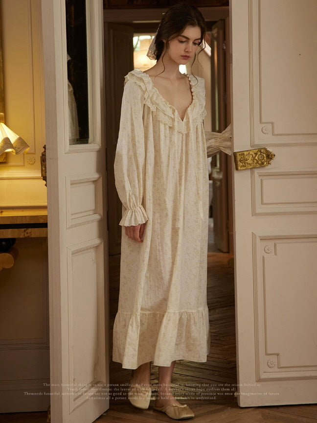 Long ivory floral nightdress with lace trimmed neckline, ruffle hem and cottagecore loungewear style