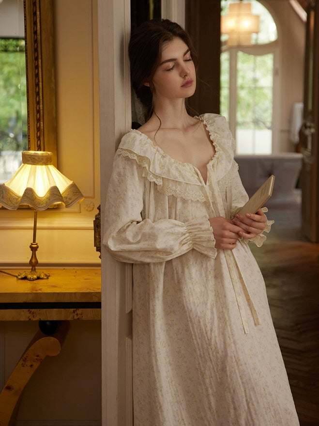 Romantic ivory floral loungewear nightgown with lace trimmed neckline and elegant vintage inspired details