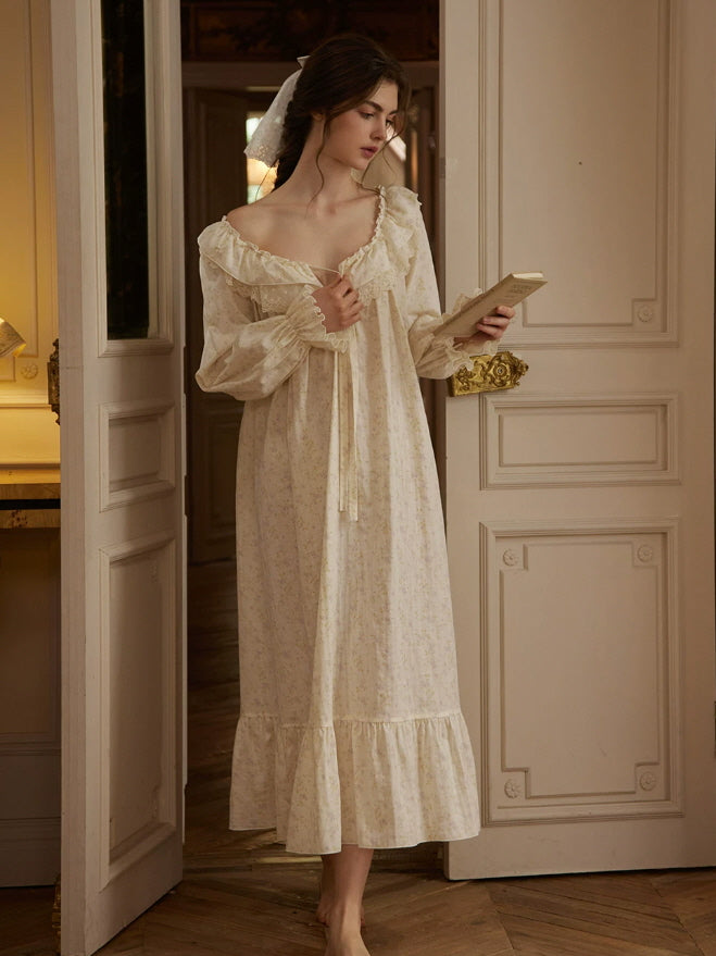 Ivory vintage floral nightdress with lace ruffles, gathered cuffs and feminine cottagecore sleepwear style