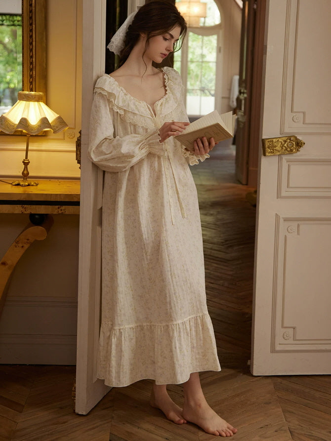 Romantic floral nightgown with long sleeves, delicate lace ruffles and flowing vintage inspired silhouette