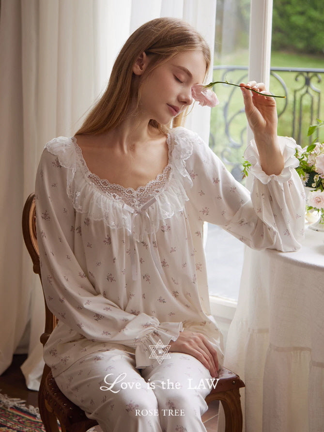 Ivory floral lace pajamas with long sleeve ruffle top and matching pants for romantic vintage loungewear