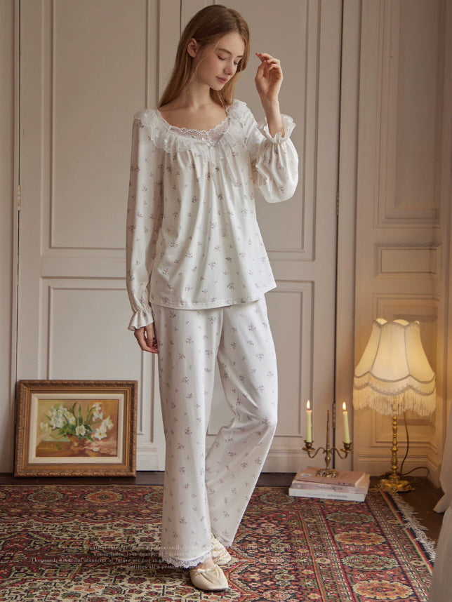 Ivory floral pajama set with lace ruffle neckline, long sleeve top and relaxed pants