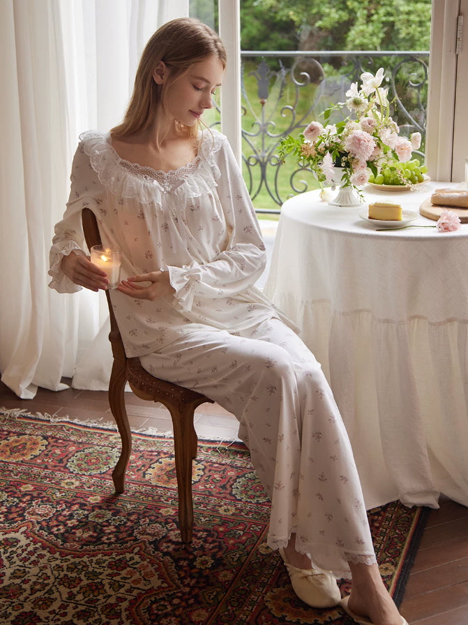Romantic floral pajama set with delicate lace trim and vintage inspired cottagecore sleepwear style