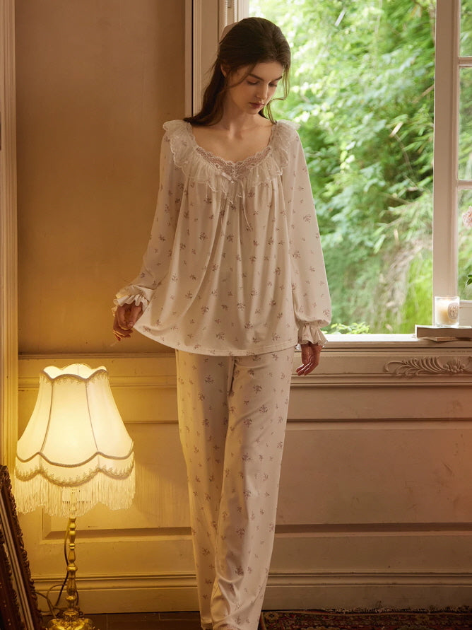 Ivory long sleeve pajamas with tiny floral print, ruffled lace neckline and matching lounge pants