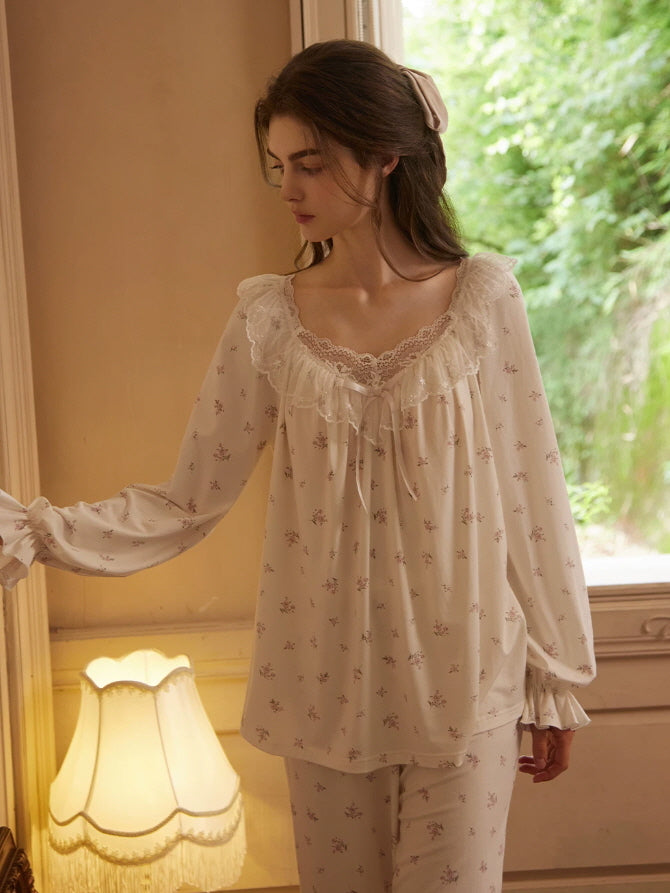 Romantic ivory floral pajamas with lace neckline, ribbon detail and relaxed long sleeve silhouette