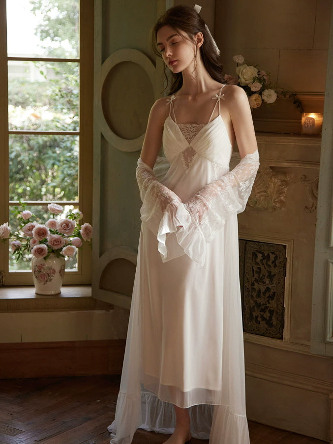 Romantic white nightgown with sheer embroidered lace robe and flared sleeves, vintage sleepwear