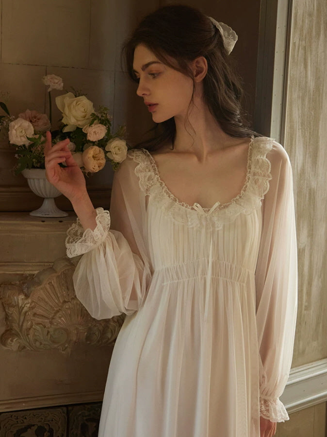White lace nightgown with sheer long sleeves and ruffled neckline, romantic vintage sleepwear