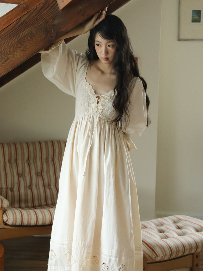 Romantic cottagecore nightgown with gathered waist, lace bodice and soft ivory cotton fabric