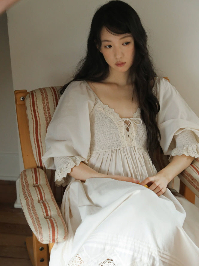 Romantic ivory lace nightgown with puff sleeves and vintage cottagecore maxi silhouette