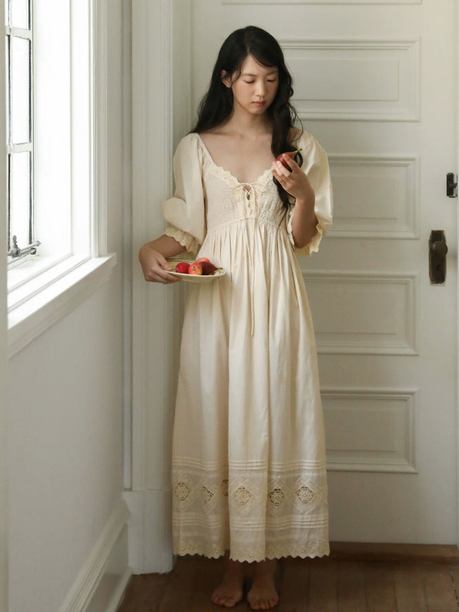 Ivory cotton nightgown with smocked bodice, lace trim and romantic puff sleeves
