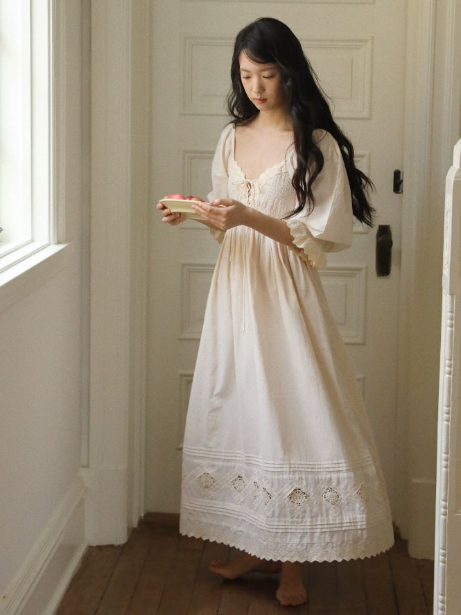 Romantic ivory nightgown with lace neckline, front ribbon tie and vintage inspired puff sleeves