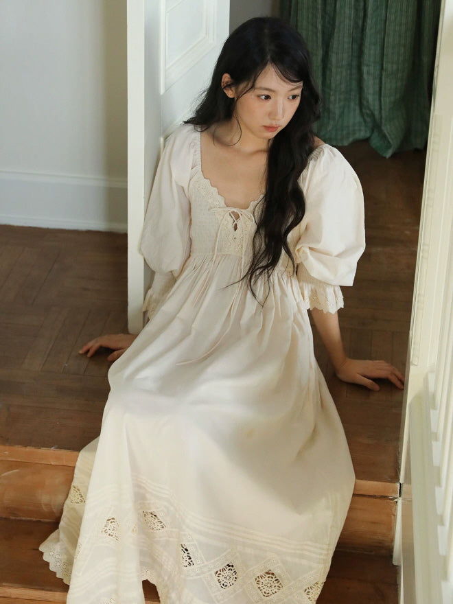 Ivory lace nightgown with smocked bodice, ribbon tie neckline and romantic cottagecore style