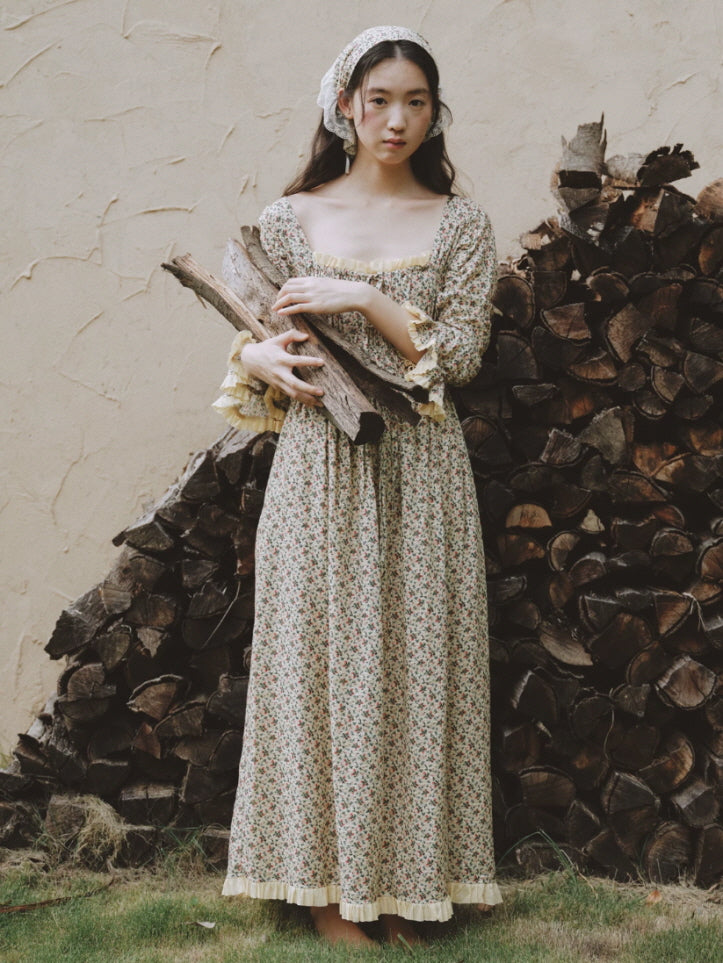 Cottagecore cotton nightgown with delicate floral print, romantic square neck and ruffled long sleeves