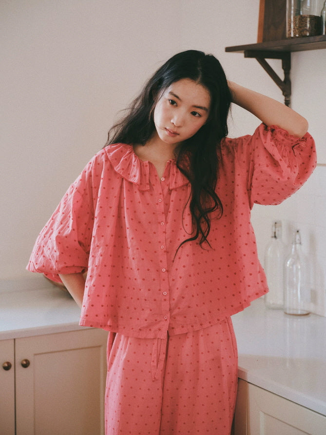 Soft pink cotton loungewear set with voluminous sleeves, frill trim and matching wide leg pajama pants