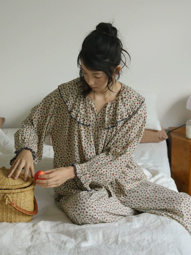 Cottagecore cotton pajama set with tiny floral print, relaxed blouse and matching wide leg pants