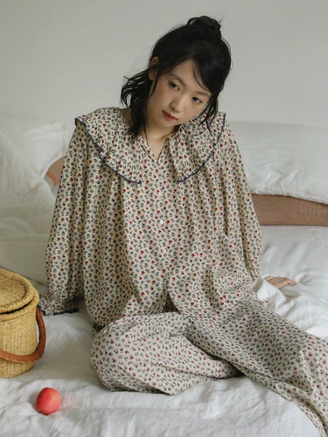 Soft floral cotton loungewear set with ruffled collar, button front top and comfortable loose fit