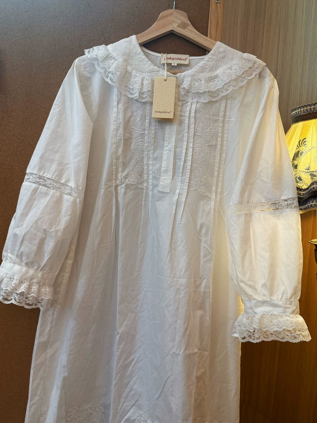 Soft white cotton nightgown with vintage inspired lace collar, embroidered front and ruffle cuffs