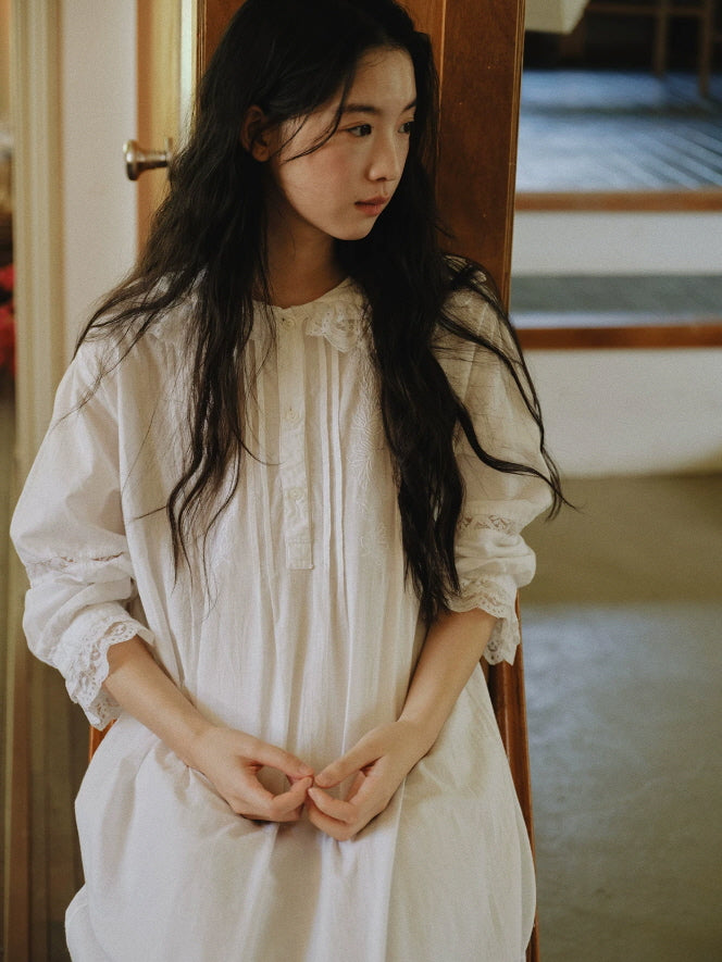 Romantic white cotton nightgown with lace collar, pintuck front and softly gathered sleeves