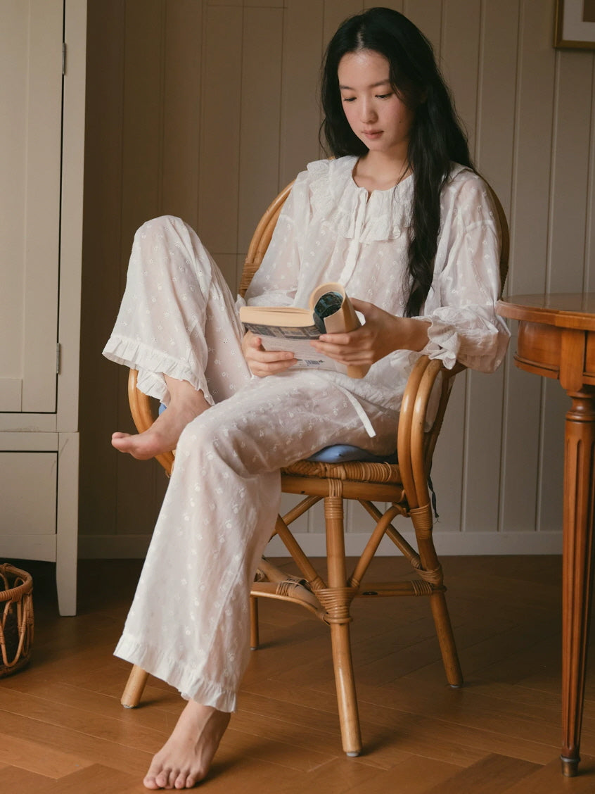 Meadow Ruffle Embroidered Cotton Pajama Set