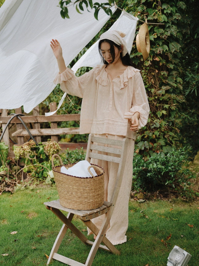 Cottagecore pink sleepwear set with layered lace collar, ruffled cuffs and embroidered details