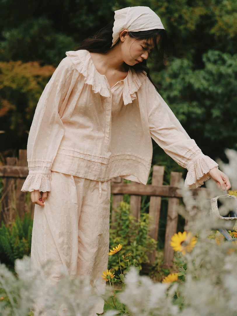 Full length blush pink cottagecore pajama set with ruffled lace top and wide leg embroidered pants
