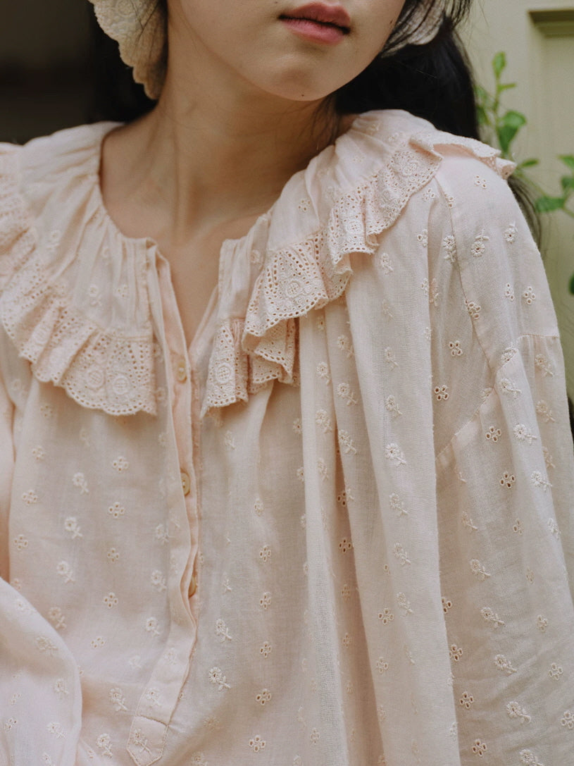 Romantic pink pajama set with floral eyelet embroidery, lace ruffles and wide leg pants