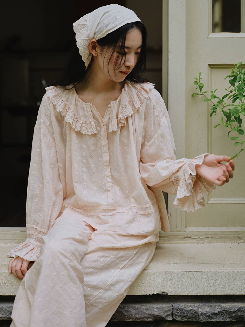 Vintage inspired blush pink sleepwear set with ruffled collar and delicate embroidered fabric
