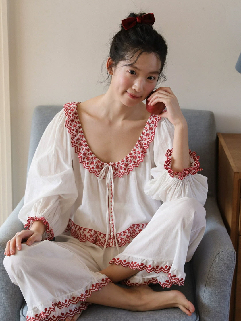 Scarlet Bloom Embroidered Cotton Pajama Set