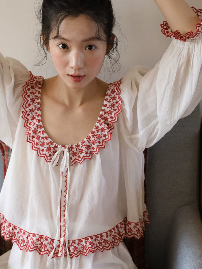Romantic white sleepwear set with red embroidered ruffle neckline and long puff sleeves