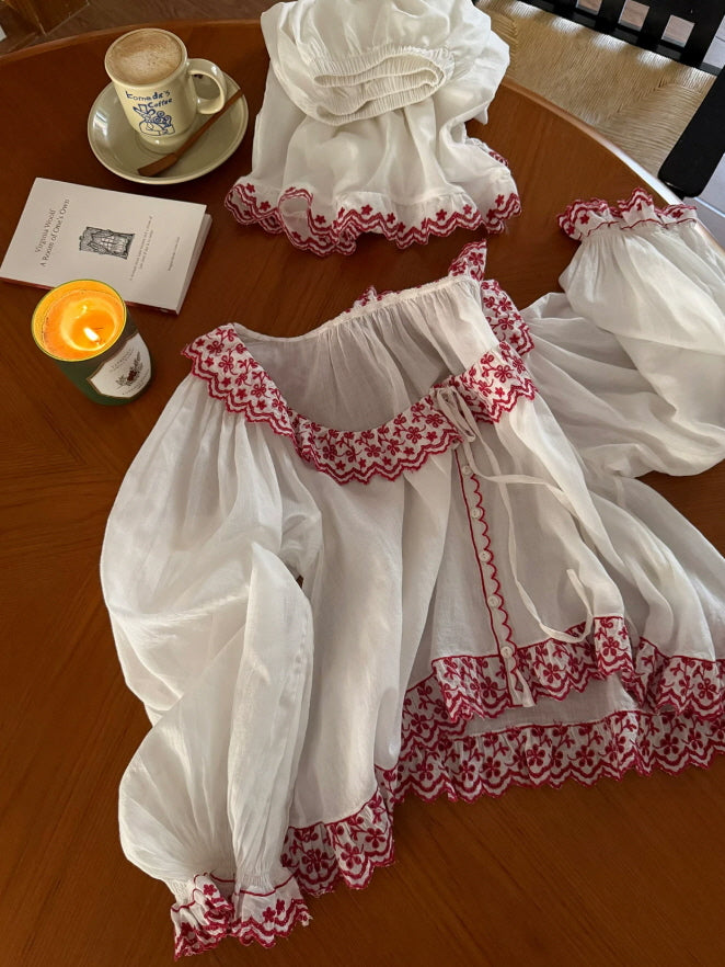 Scarlet Bloom Embroidered Cotton Pajama Set