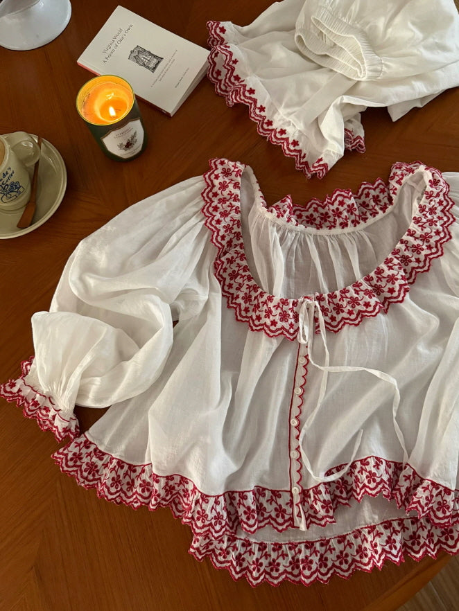 Scarlet Bloom Embroidered Cotton Pajama Set
