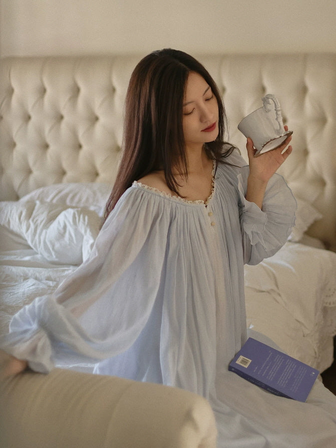 Light blue cotton nightgown with ruffled neckline, long sleeves and romantic vintage details